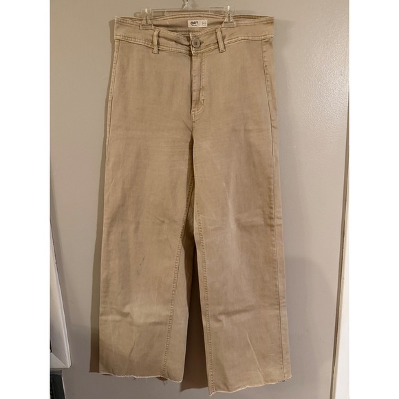 Oat New York Pants - OAT New York Womens High Rise Wide Leg Raw Hem Pants Tan Khaki Size 12/31